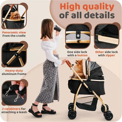 Dog Stroller, Cat Stroller – Zipperless Entry, Easy Fold with Removable Liner, Storage Basket + Cup Holder, Black
