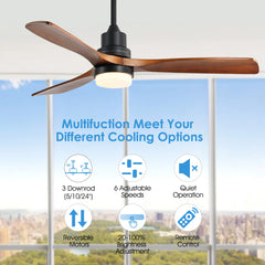 Sofucor Modern 52-inch ceiling fan with LED DC 6-speed high wind with remote control For living room、Bedroom、Dining room