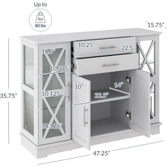 Sideboard Buffet, 47 Inch Storage Console Table Coffee Bar Kitchen Cupboard Pantry Glass Display Cabinet for Lving Entryway