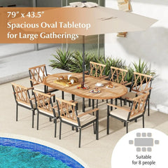 79-Inch Patio Dining Table, Indoor & Outdoor Dining Table w/Umbrella Hole, Acacia Wood Tabletop & Sturdy Metal Legs
