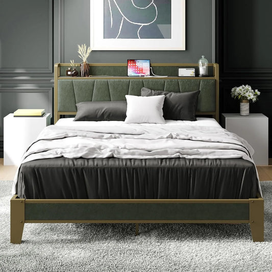 Queen Bed Frame, Storage Headboard with Charging Station, Solid and Stable, Noise Free, No Box Spring Needed, Easy Assembly