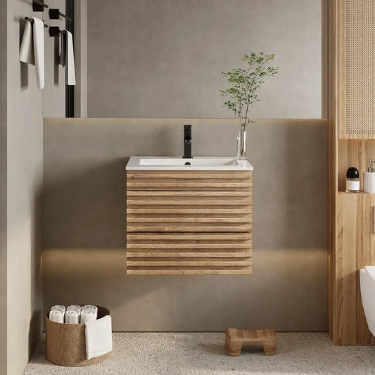 24" Floating Bathroom Vanity with Sink Combo Mid-Century Wall Mounted Cabinet with Wood Stripes Decor, Drawers, Undermount Sink