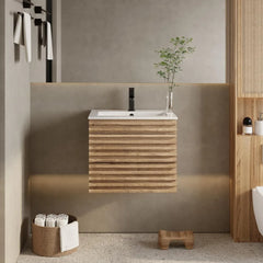 24" Floating Bathroom Vanity with Sink Combo Mid-Century Wall Mounted Cabinet with Wood Stripes Decor, Drawers, Undermount Sink