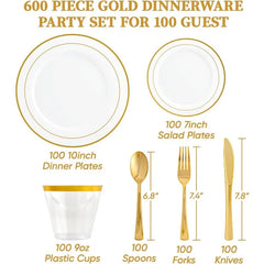 600 Plastic Disposable Tableware Set for 100 Guests, Including 100 Dinner Plates, 100 Salad Plates, 100 Cups, 100 Silverware Set