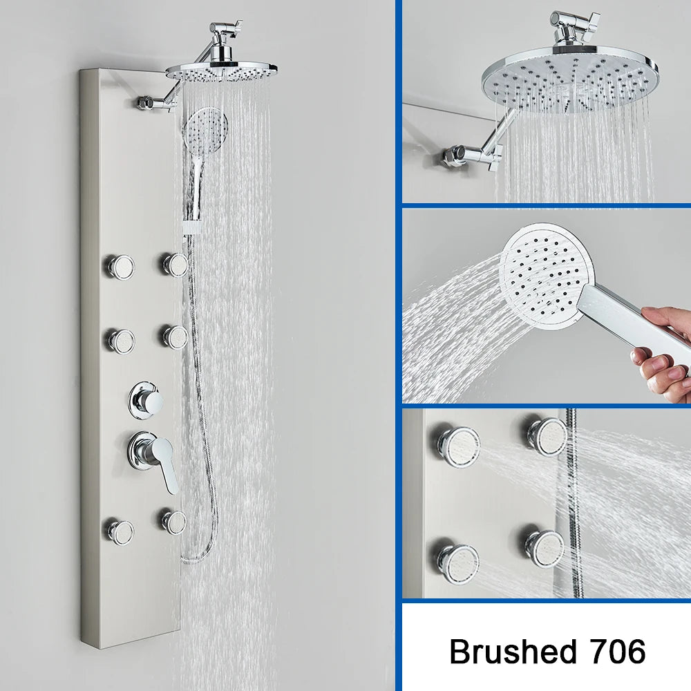 Black Shower Panel Column Big Screen Blue Light Rain&Waterfall Shower Head  Massage Jets Mixer Bathroom Shower Faucet