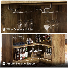 L-Shaped Home Bar Table with Stemware Racks, 4-Tier Corner Unit Liquor Wine, Brown,  Wine Cabinets