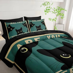 Cute Cat Comforter Set 7Pcs Cartoon Cat Kawaii Bedding Set Twin Size 3D Black Cat Bedroom Decor Chic Animal Sheet Sets for Wom