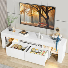 70-Inch Modern TV Stand with LED Lights & Storage – Entertainment Center with Drawer & Glass Shelves