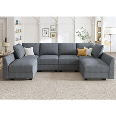 Bluish Grey U-Shaped Modular Sectional Sofa with Storage Seats – Convertible Sleeper Couch