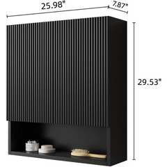 26" Wall-Mounted Fluted Side Cabinet for Bathroom Storage, Black Storage Compartment with 2 Doors and Shelves