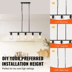 VEVOR 5-Light Kitchen Island Pendant Lights 60W with Clear Glass Lampshade 4 Rods 2 Metal Chains Farmhouse Linear Chandeliers