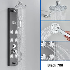 Black Shower Panel Column Big Screen Blue Light Rain&Waterfall Shower Head  Massage Jets Mixer Bathroom Shower Faucet