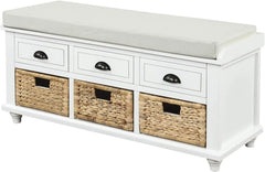 Storage Bench with 3 Drawers, 3 Rattan Baskets and Removable Cushion for Entryway, Shoe Bench End of Bed Bench 3-Cube