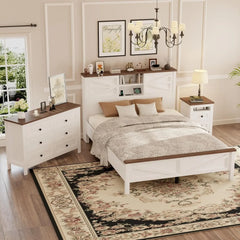 3-Pieces Bedroom Sets Queen Size Farmhouse Platform Bed，Double Sliding Door Storage Headboard,Storage Nightstand and Dresser