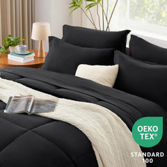 Queen Comforter Set - 7 Pieces Bed in a Bag Set Black Queen, Complete Bedding Sets Bed Set for All Season with Comforter