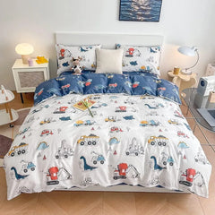 Kids Duvet Cover Set Full Size, Cotton Cartoon Car Truck Bedding Set for Boys Girls, 3 Pieces Soft Breathable White Yellow Plaid