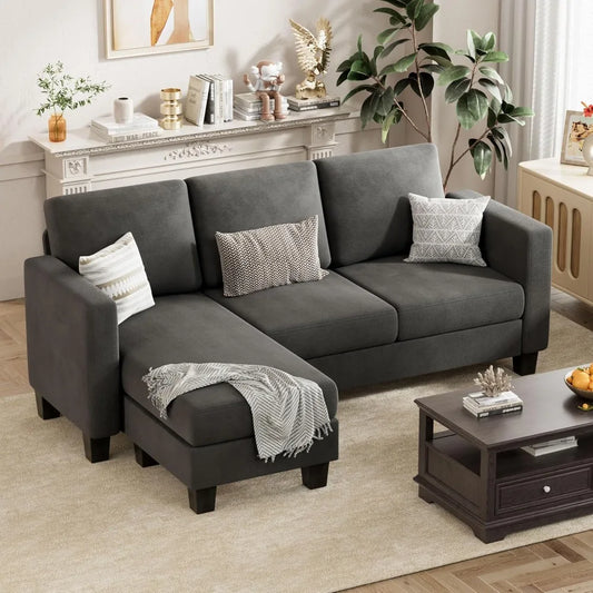 Convertible Sectional Sofa, 3 Seat L-Shaped Couch with Linen Fabric Ottoman Small Couch for Apartments, Living Room, Sofa