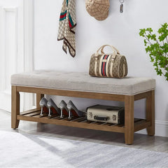Bench, Large Rectangular Upholstered Tufted Linens Fabric Ottoman Benches, Padded Benches with Solid Wood Shelf-Linen, Bench