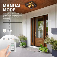 Outdoor Ceiling Light with Motion Sensor, 11'' Porch Flush Mount Ceiling Light with Clear Glass, Matte Black Industrial Iron Li