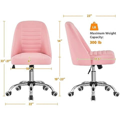 Mid Back PU Leather Armless Desk Office Chair, Modern Comfy Vanity Chair with Rolling Wheels, Metal Base Pink