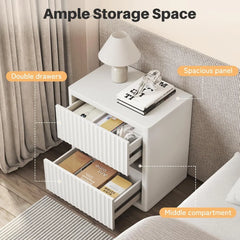 Fluted Nightstand with 2 Drawers, Large Wide Wood Night Stand Bedside Tables for Bedroom, Mid-Century Modern Storage Bed Side T