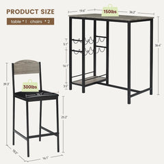 Bar Table Set for 2 with Footrest, Kitchen Dining Table with 2 Upholstered Chairs, Small Space Counter Height Bar Stools