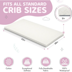 2” Crib Mattress Topper Memory Foam - Waterproof Breathable Soft Washable Cover 52” x28” x 2” Fits Standard Size Cribs & Toddler