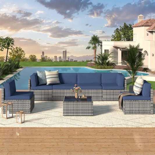 7 Piece Outdoor Patio Furniture Set, PE Rattan Outdoor Grey Wicker Furniture, Outdoor Sectional Furniture Chair Set with Cushion