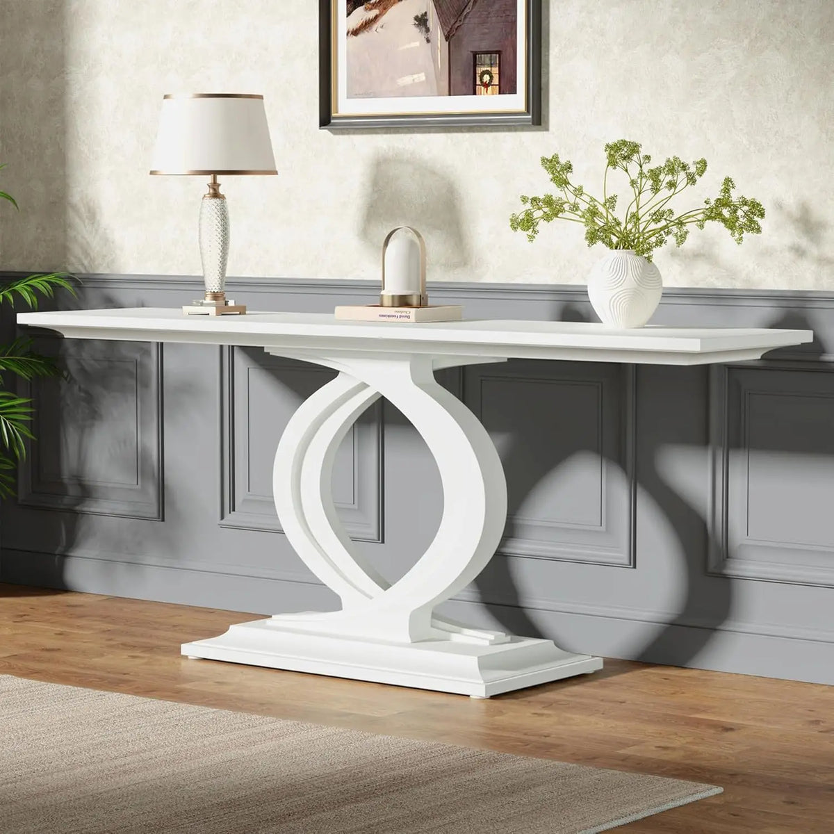59 Inches Wood Console Table for Entryway, Farmhouse Sofa Table Behind Couch with Double Arc Base for Living Room