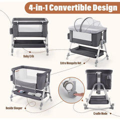 4 in 1 Baby Bassinet Bedside Sleeper Baby Crib, Adjustable Cosleeper for Baby, Easy Folding Portable Baby Bed Rocking Bassinets