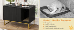 Cat Litter Box Enclosure, Fluted Hidden Litter Box Furniture with Scratch Pad and Metal Legs, Modern Enclosed Cat Cabinet