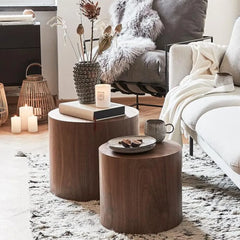 Walnut Nesting Coffee Table Set – 2-Piece Round Wooden Tables for Living Room & Small Spaces