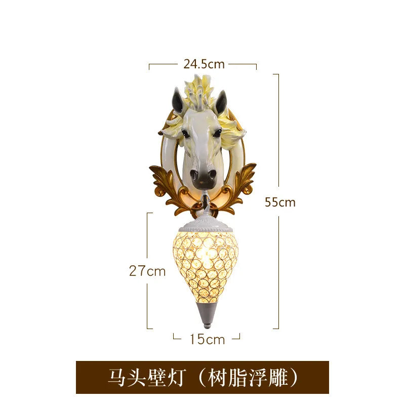 Nordic Resin Horse Head Decor Wall Sconce with Iron Nest Crystals Shade LED E27 Hanging Light Aisle Wall Lamp Entrance Lighting