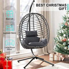 Indoor Outdoor Hanging Egg Chair with Stand, Patio Wicker Hammock Egg Swing Chair with Cushion for Bedroom Garden