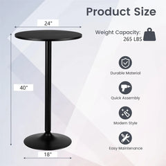 24” Round Top Pub Bar Table, Modern Circular Bistro High Table for Dining Room Living Room Kitchen Restaurant Home Bar, Black
