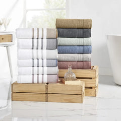 6 Piece Set, 2 Bath Towels, 2 Hand Towels, 2 Washcloths, Quick Dry White/Contrast Reinhart Tan