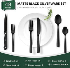 48-Piece Matte Black Silverware Set with Steak Knives, Black Flatware Set for 8, Stainless Steel Tableware Cutlery Set