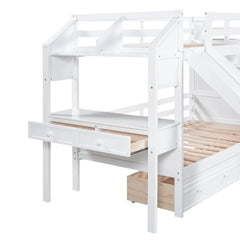 Wood Twin Over Twin Bunk Bed with Desk and Slide,Drawers Bookcase and Storage Staircase for Kids, White
