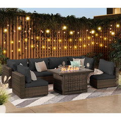 10 Piece Patio Furniture Set with 42In Fire Pit Table， Outdoor Furniture Sets Rattan Sectional Couch Outdoor Chairs