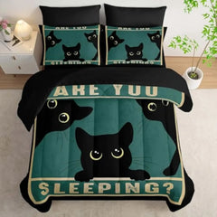 Cute Cat Comforter Set 7Pcs Cartoon Cat Kawaii Bedding Set Twin Size 3D Black Cat Bedroom Decor Chic Animal Sheet Sets for Wom