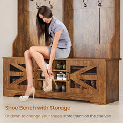 Hall Tree with Bench and Shoe Storage, 5-in-1 Entryway Bench with Coat Rack, 16 Shoe Cubbies & 12 Coat Hooks, Barn Door & Adjus