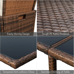 9 Pieces Patio Dining Sets Outdoor Space Saving Rattan Chairs with Glass Table Patio Furniture Sets Cushioned Seating (Beige)