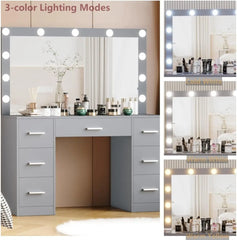 Vanity Table, Makeup Table with Lighted Mirror, 3-Color Lighting Modes, Brightness Adjustable, Dressing Table with Drawers