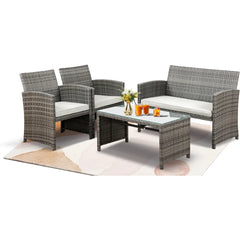Multi Pieces Outdoor Patio Furniture Sets Conversation Sets Rattan Chair Wicker Set,Glass Table,Outdoor Indoor Use Backyard