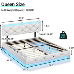 King Size Floating Bed Frame with LED Lights & USB Ports, Faux Leather Upholstered Platform Bed