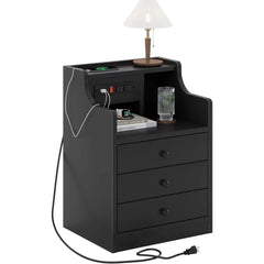 Nightstand with Charging Station,Black Night Stand for Bedroom,End Table with Hutch & Storage Drawers