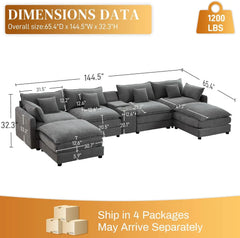 145" U Shaped Cloud Couch Sectional for Living Room, Oversized Modern Modular Sofa with Movable Ottoman, Comfy Fluffy Chenille