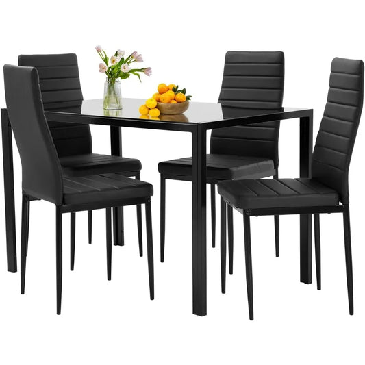 Modern Glass Dining Table Set for 4 – Space-Saving Kitchen Table with Upholstered Chairs