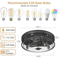 16 英寸 Flush Mount Ceiling Light with Clear Glass Shade, 3-Light Indoor Outdoor Farmhouse Lighting Flush Mount Lights for Kitc