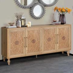 Farmhouse Sideboard Buffet Cabinet Accent Storage Cabinet with 4 Carved Flower Doors and Metal Handless, TV Stand Console Table